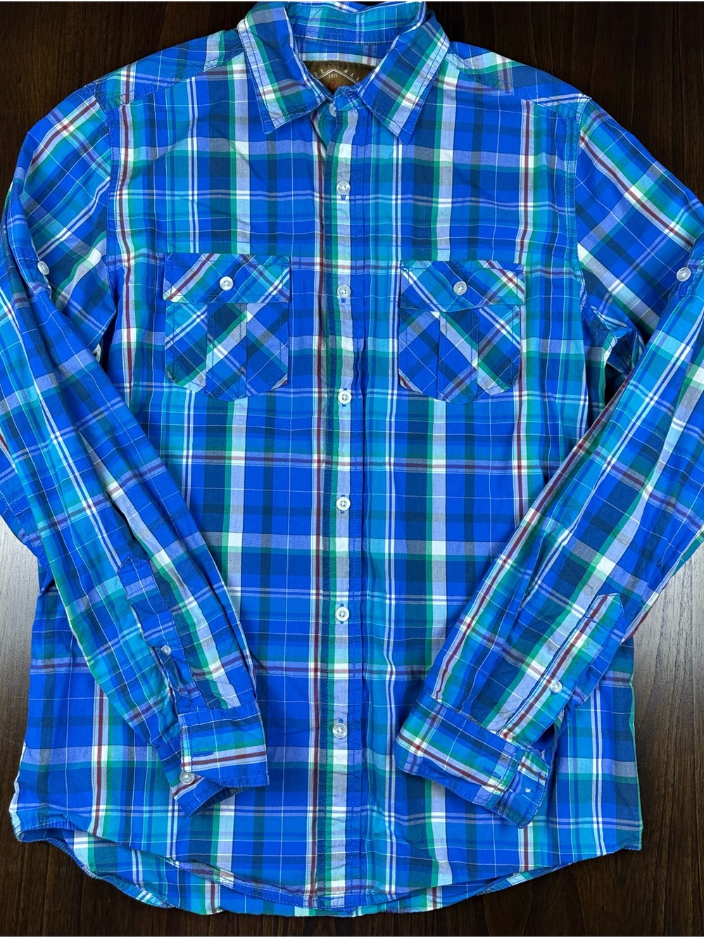 Red Camel Men Shirt Size L Button Down Blue Plaid Long Sleeve Western